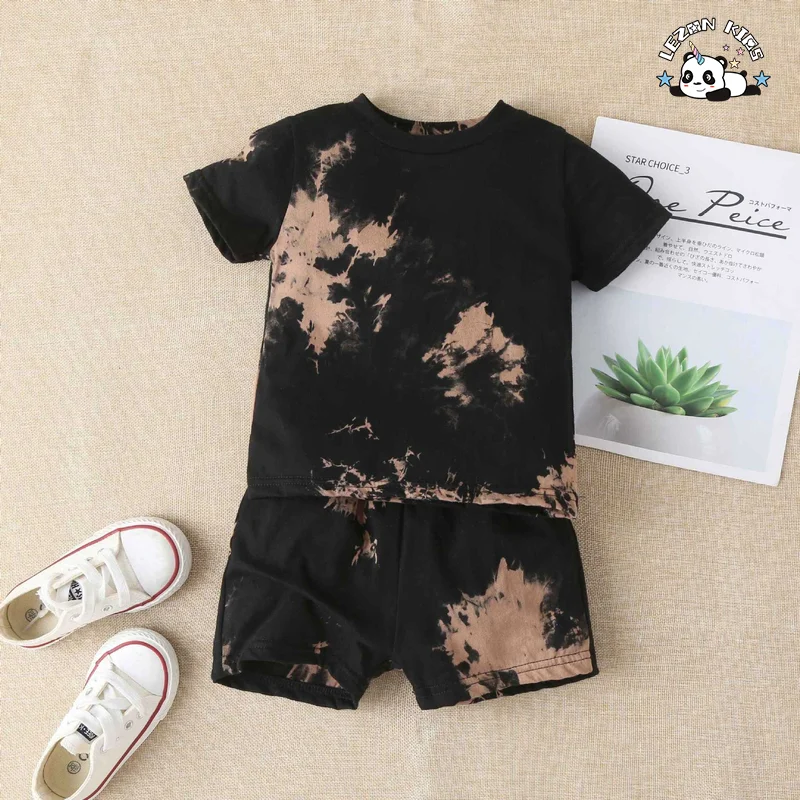 LEZONKIDS - Customized Kids boy set Summer Tie-Dye Casual Cotton Clothing Toddlers Featuring Print Solid Logo Design T-Shirt Suit
